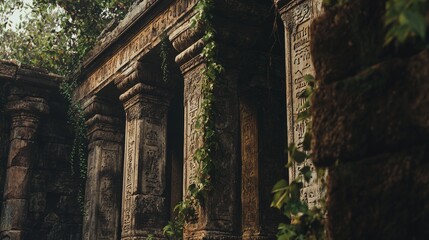 Naklejka premium Faded Etched Script on Temple Column Surrounded by Greenery