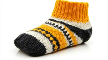 Snuggly knitted infant footwear with red and white patterns on a white surface