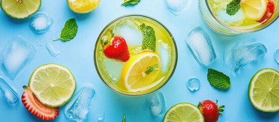 Bright yellow and green cocktail garnished with lime, lemon, and strawberry on a vibrant blue background, surrounded by mint leaves and ice.