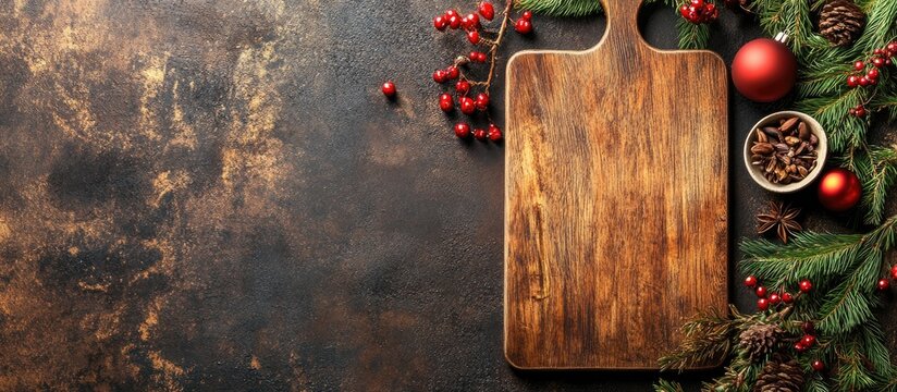 Wooden cutting board surrounded by Christmas decorations including red berries and ornaments on a dark textured background with ample copyspace.
