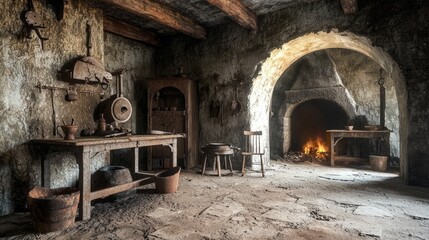 Ancient Room with Soot Stained Walls Surrounded by Rustic Decor