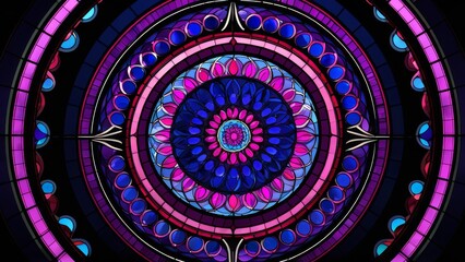 Geometric stained-glass design in circular shape with bold pink, blue, and purple hues, creating a dynamic and intricate pattern. Ideal for artistic projects.