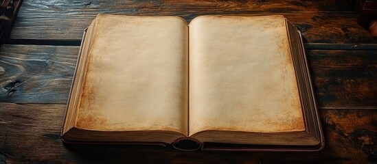 Open vintage cooking book with blank yellowed pages on rustic wooden table background inviting handwritten recipes and notes.
