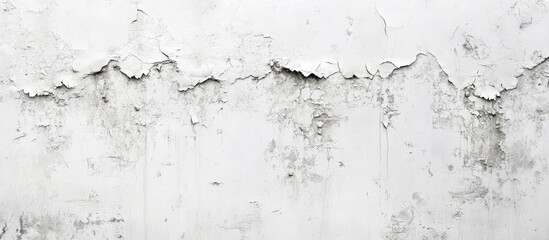 Fototapeta premium Deteriorating white wall with textured cracks and damp paint showing peeling in shades of gray and off-white, creating a weathered background.