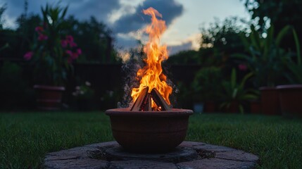 Cozy evening bonfire in a terracotta fire pit, surrounded by lush greenery.