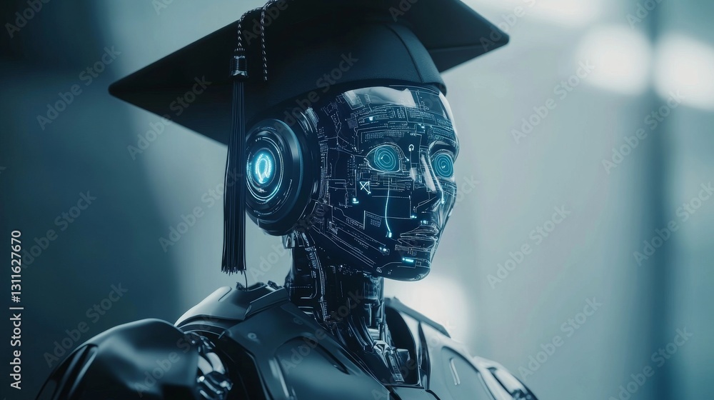 Poster a sleek robot wearing a graduation cap symbolizes artificial intelligence mastering education, repre