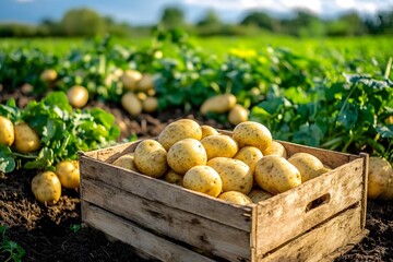 Harvesting fresh potatoes in a wooden box vibrant field agricultural photography natural setting close-up view