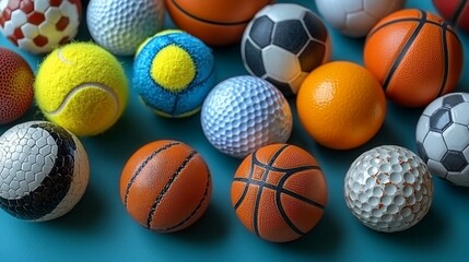 A vibrant collection of various sports balls arranged on a turquoise surface, showcasing diversity in sports