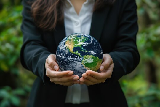 Businesswoman representing sustainable development by holding the world and environmental responsibility icons - Powered by Adobe
