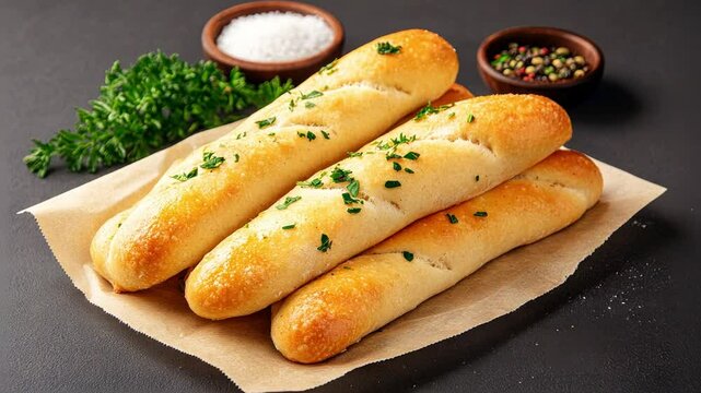 Freshly baked garlic breadsticks with herbs and spices