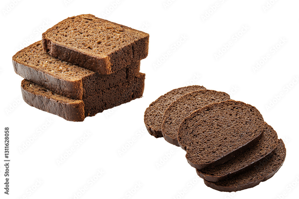 Poster sliced dark bread, showcasing its texture and color contrast. isolated on white background and trans