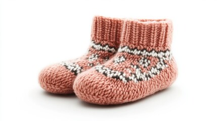 Warm baby booties with red and white motifs on a white base
