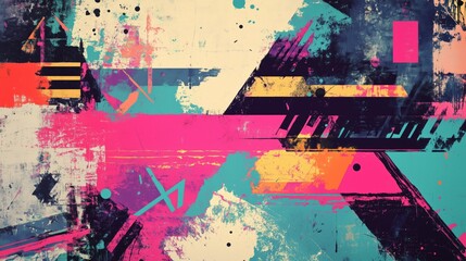 Fototapeta premium Vibrant 90s grunge art poster with dynamic geometric designs and textured colors. AI generated