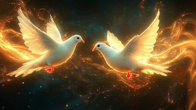 Two white doves in flight, surrounded by ethereal golden flames.  Possible use Religious imagery, peace, spirituality
