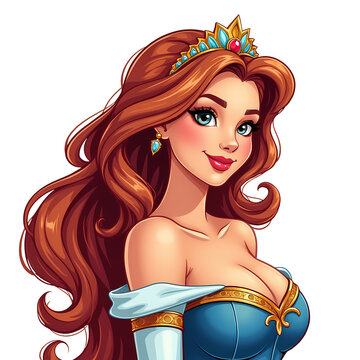 recommend clip art: A cheerful cartoon princess with beautiful blonde hair, isolated on a transparent background.