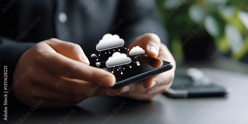 Poster man engaging with smartphone for virtual cloud computing solutions modern office digital interaction