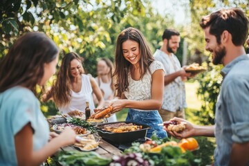Fototapeta premium Laughter fills the air as family and friends enjoy a summer barbecue in the backyard together
