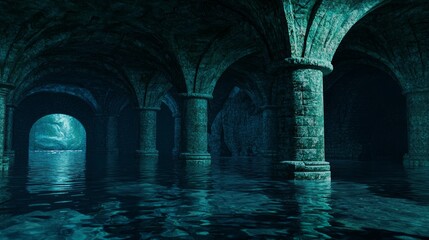 Mysterious Sunken Crypt with Collapsed Arches and Reflective Water