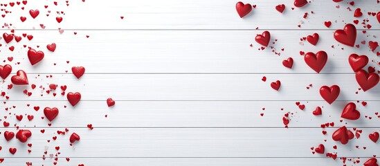 Vibrant red and white flying hearts frame a blank wooden background with scattered love symbols creating a festive Valentine's Day decoration.