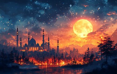 Grand Mosque Illuminated at Dusk with a Full Moon and Starry Sky