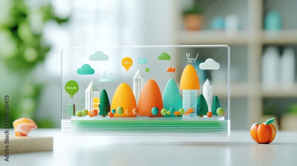 Poster a transparent glass board with floating icons representing different industries.