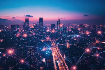 Fototapeta premium Night cityscape with network connections.