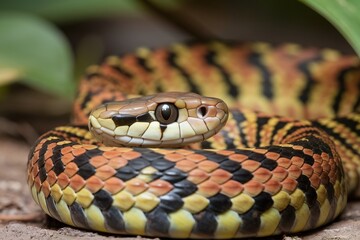 Fototapeta premium Close-up of a colorful snake resting on the ground, showcasing its vibrant scales and patterns.