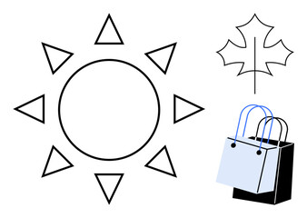 Geometric sun with triangles, outline of maple leaf, shopping bag with blue lines. Ideal for seasonal change, shopping themes, environmental concepts, minimalism, advertising, eco-friendly products