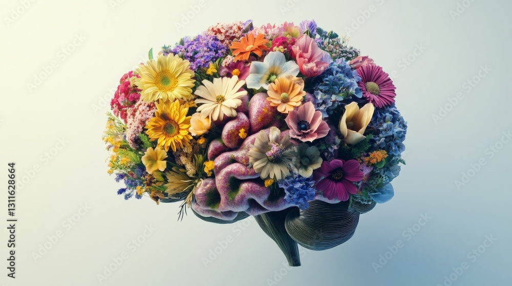Poster a unique and creative concept combining a brain shape with blooming flowers, symbolizing the connect