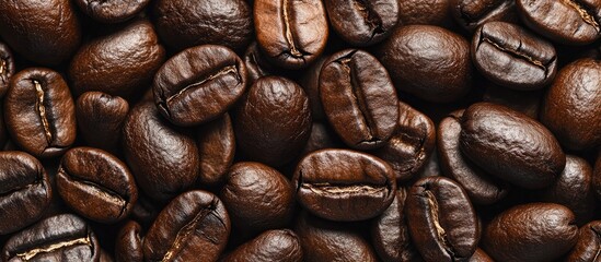 Fototapeta premium Dark brown coffee beans arranged closely, showcasing rich textures against a warm backdrop, highlighting their glossy surfaces and natural sheen.