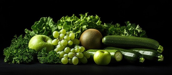 Fresh green fruits and vegetables including kiwi green grapes lettuce zucchini cucumbers green apple and parsley arranged on a black background