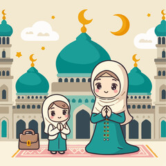 vector illustration of child and mother mosque background