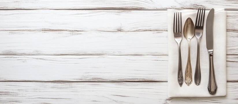 Elegant white wooden table with knife and fork placed on a light napkin at center left creating ample space for restaurant menu promotion