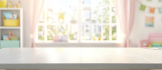 Bright white table in the foreground with a soft blurred backdrop of a colorful children's room featuring a sunny window with sheer curtains