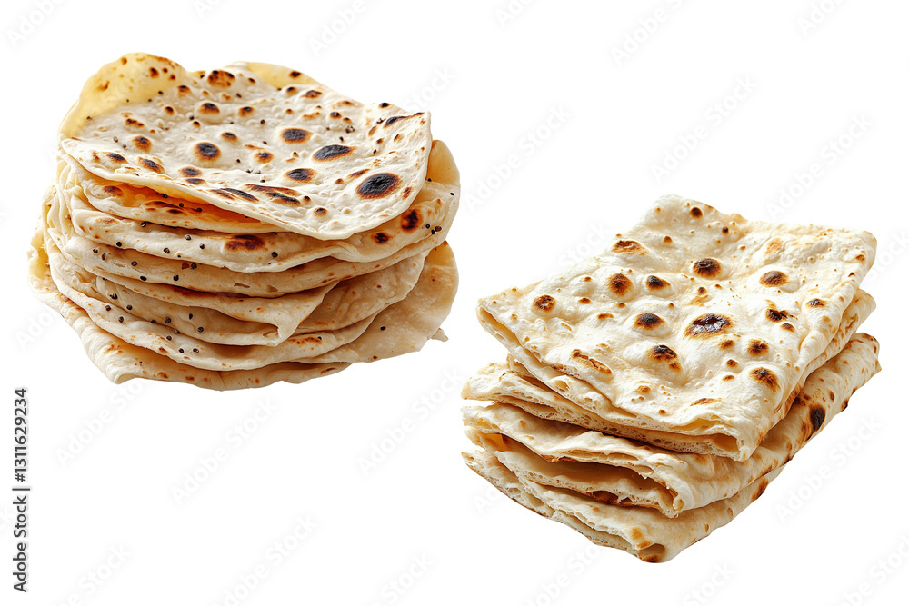 Poster freshly stacked flatbreads with crispy edges, perfect for serving with various dishes. isolated on w