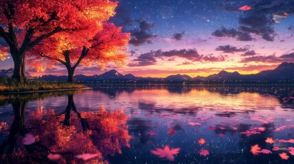 Obraz premium Under a starry night sky, a lively neon forest stands with trees in brilliant hues and dark mountain silhouettes