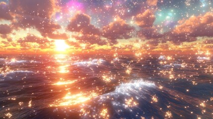 Naklejka premium Gorgeous sunset over a colorful ocean, set against a sky filled with stars and a luminous nebula