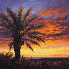 Obraz premium Majestic palm tree silhouetted against a vibrant sunset sky with colorful clouds and distant mountains