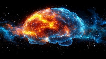 A vibrant depiction of a brain illuminated with fiery and electric colors in a cosmic setting