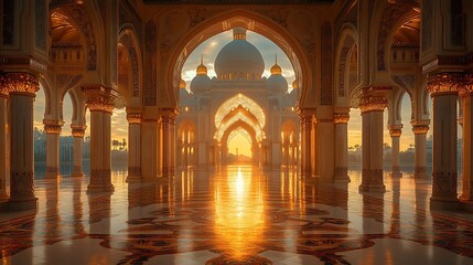 Obraz premium Majestic Archways Illuminated by a Glowing Sunset in an Ornate Palace