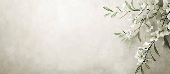 Elegant minimalist design featuring delicate white flowers and green leaves on a textured cream background, leaving ample space for text placement.