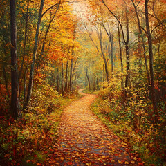 Serene Autumn Forest Trail with Golden Foliage and Sunlit Canopy Inviting Tranquil Nature Walk