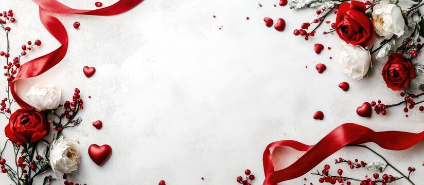Elegant frame featuring vibrant red roses and white flowers along a soft white background, accented with flowing red ribbons and heart motifs.