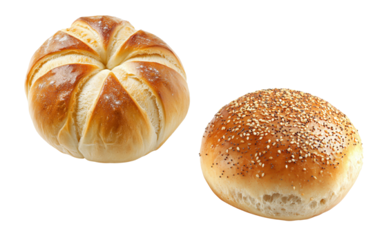 Freshly baked bread rolls with golden crusts , showcasing their soft textures. isolated on white background and transparent background