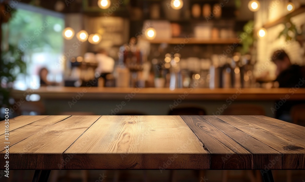Poster wooden table in cafe setting with blurred background for product display
