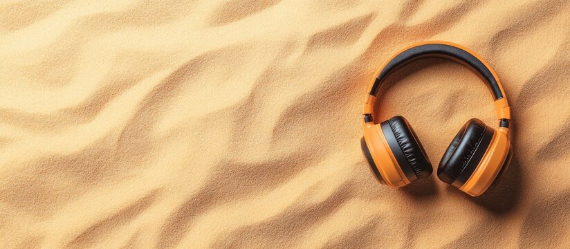 Headphones in vibrant orange color placed on golden sand background with soft texture top view ideal for travel and music theme with copy space