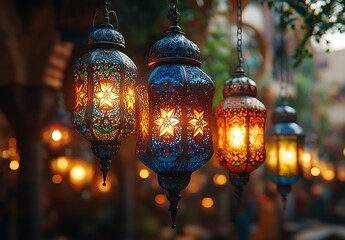 Hanging Ornate Lanterns Glowing in a Lush Setting