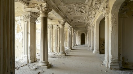 Obraz premium Ornately Carved Columns in an Abandoned Architectural Corridor