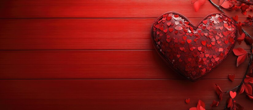 Red romantic background with a sparkling heart-shaped box adorned with small red hearts and a branch of leaves on a wooden panel backdrop.