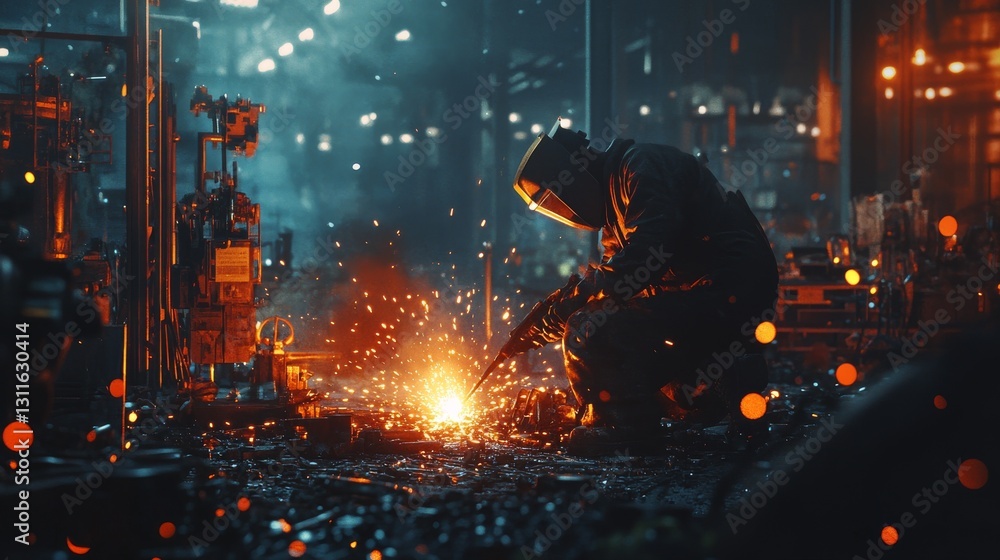 Poster a welder works in a large factory, creating a dramatic display of sparks. the scene emphasizes the p